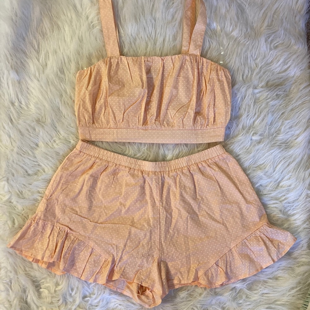 Forever 21 FAVLUX Crop Top & Ruffle Hem Shorts Coord Set in Pink